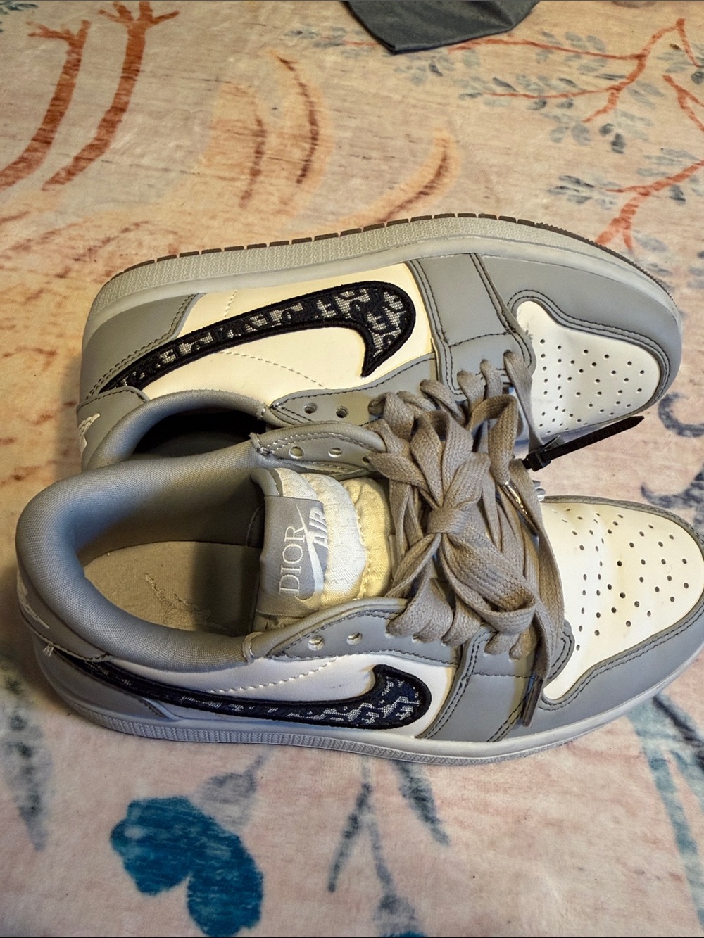 Dior Women’s Low-Top Sneakers in White and Gray with Black Dior Logo Swoosh